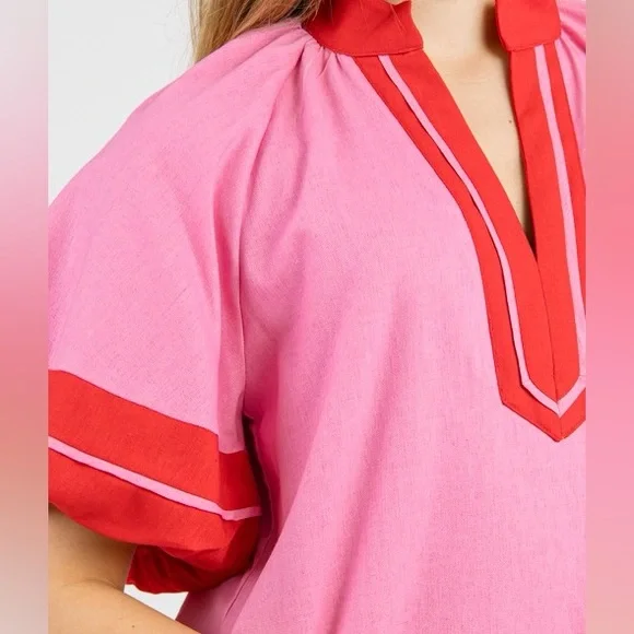 Entro Pink and Red Blouse Bubble Sleeve Linen large top - Picture 3 of 9